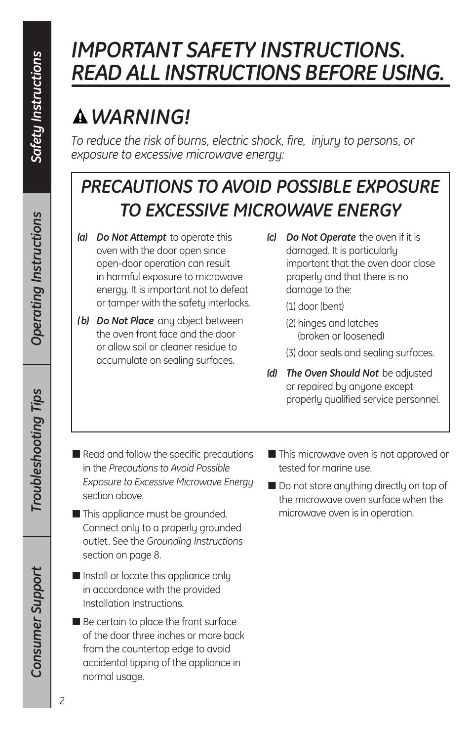 Safety instructions, Warning | GE JES2051DNBB User Manual | Page 2 / 36