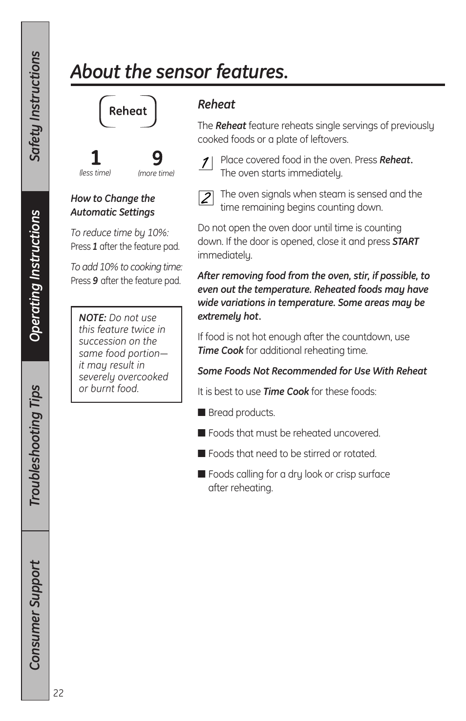 About the sensor features | GE JES2051DNBB User Manual | Page 22 / 36