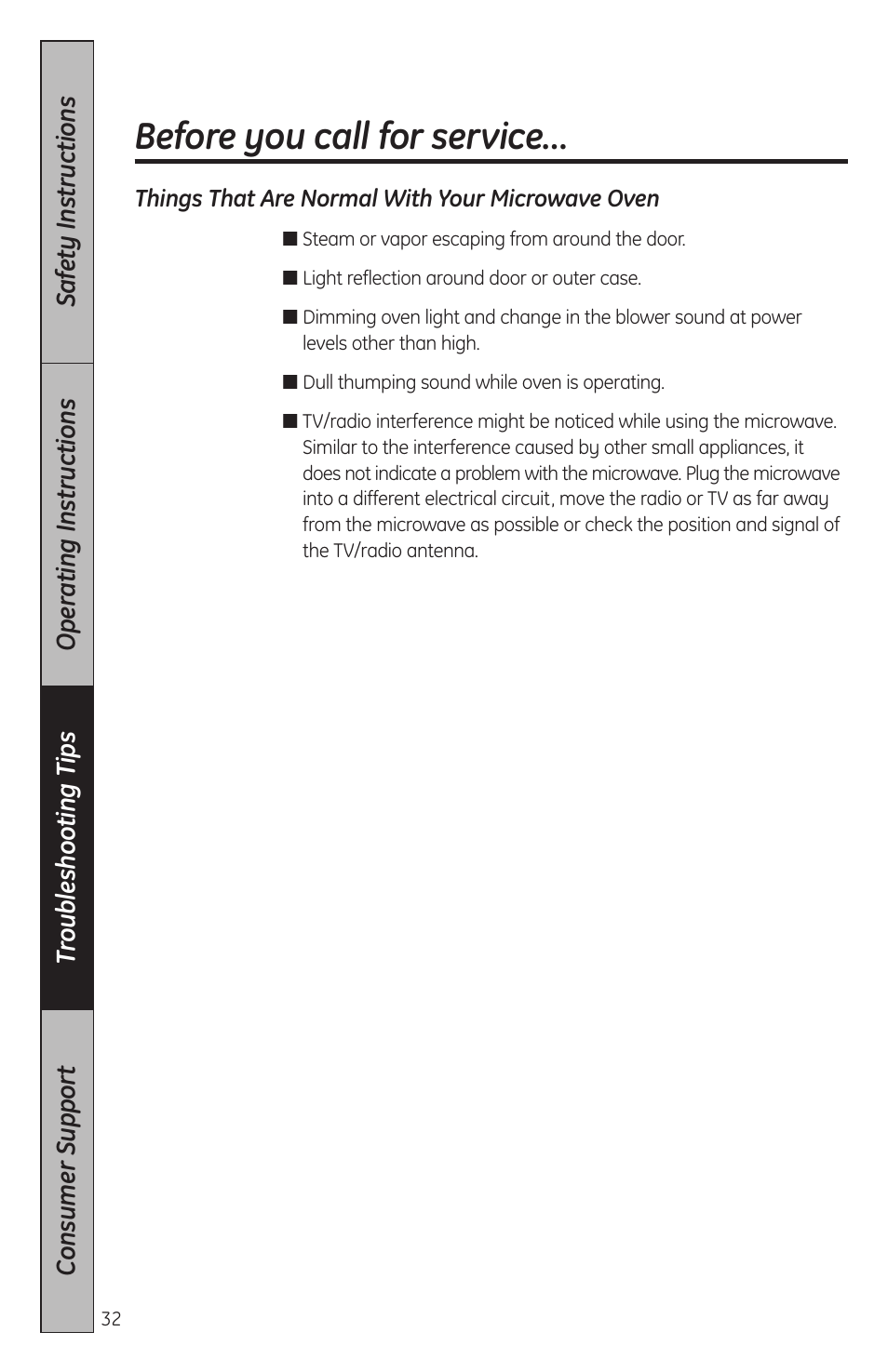 Things that are normal with your microwave oven, Before you call for service | GE JES2051DNBB User Manual | Page 32 / 36