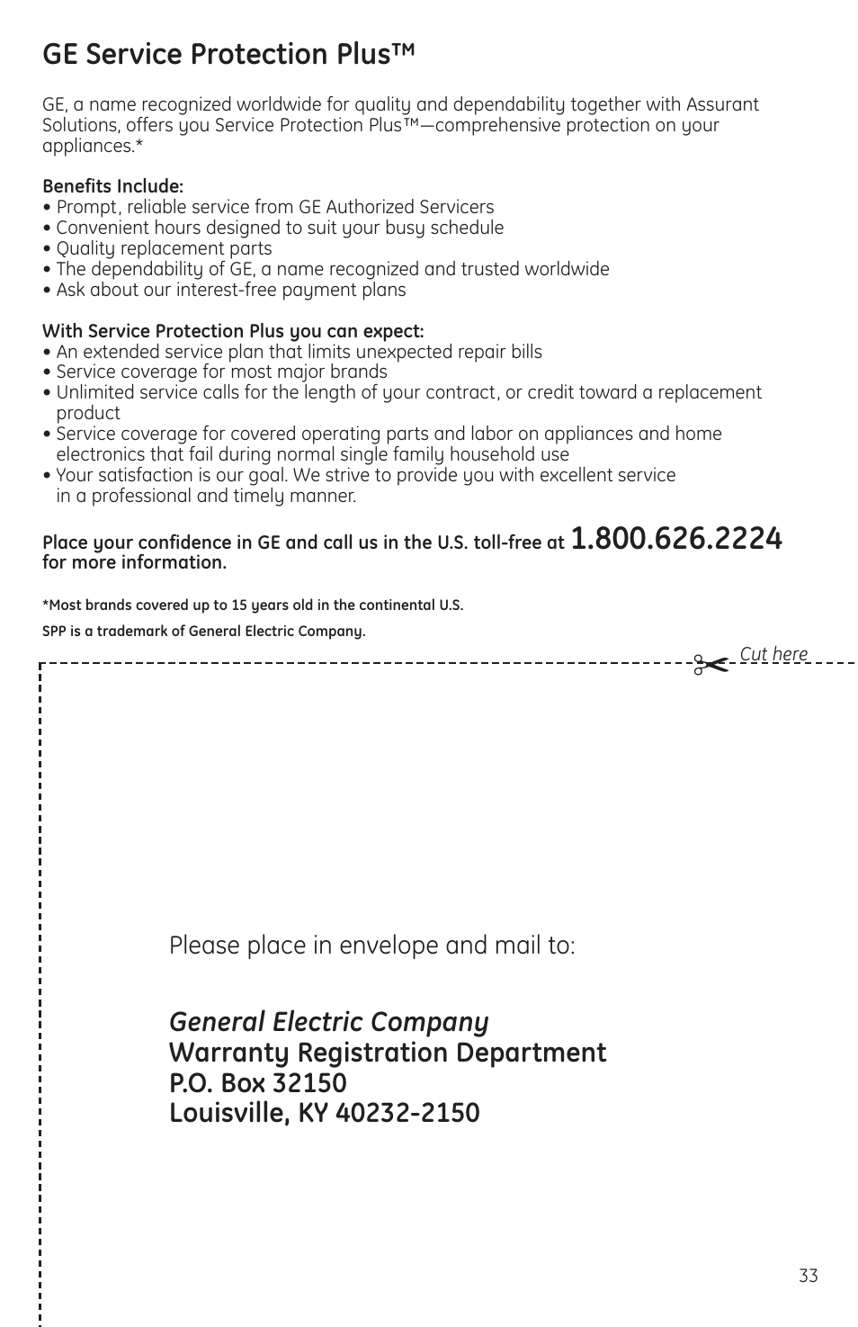 Product registration, Product registration , 34, Ge service protection plus | Please place in envelope and mail to | GE JES2051DNBB User Manual | Page 33 / 36