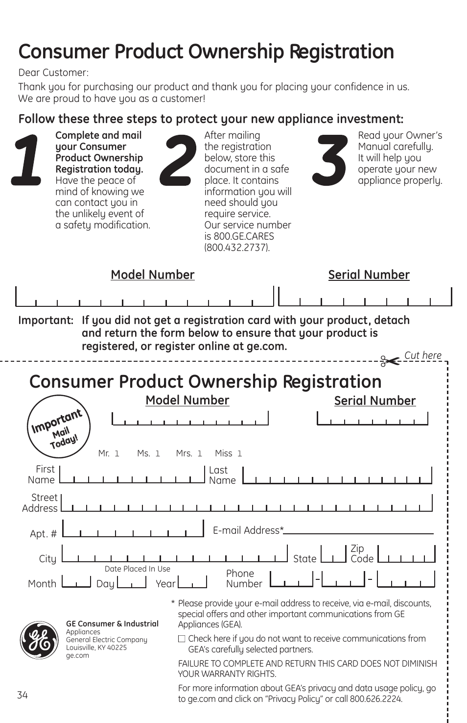 Consumer product ownership registration | GE JES2051DNBB User Manual | Page 34 / 36