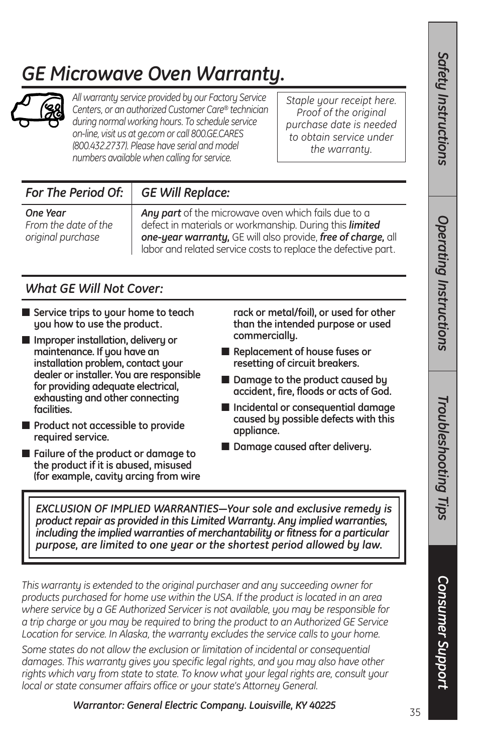 Warranty, Ge microwave oven warranty | GE JES2051DNBB User Manual | Page 35 / 36