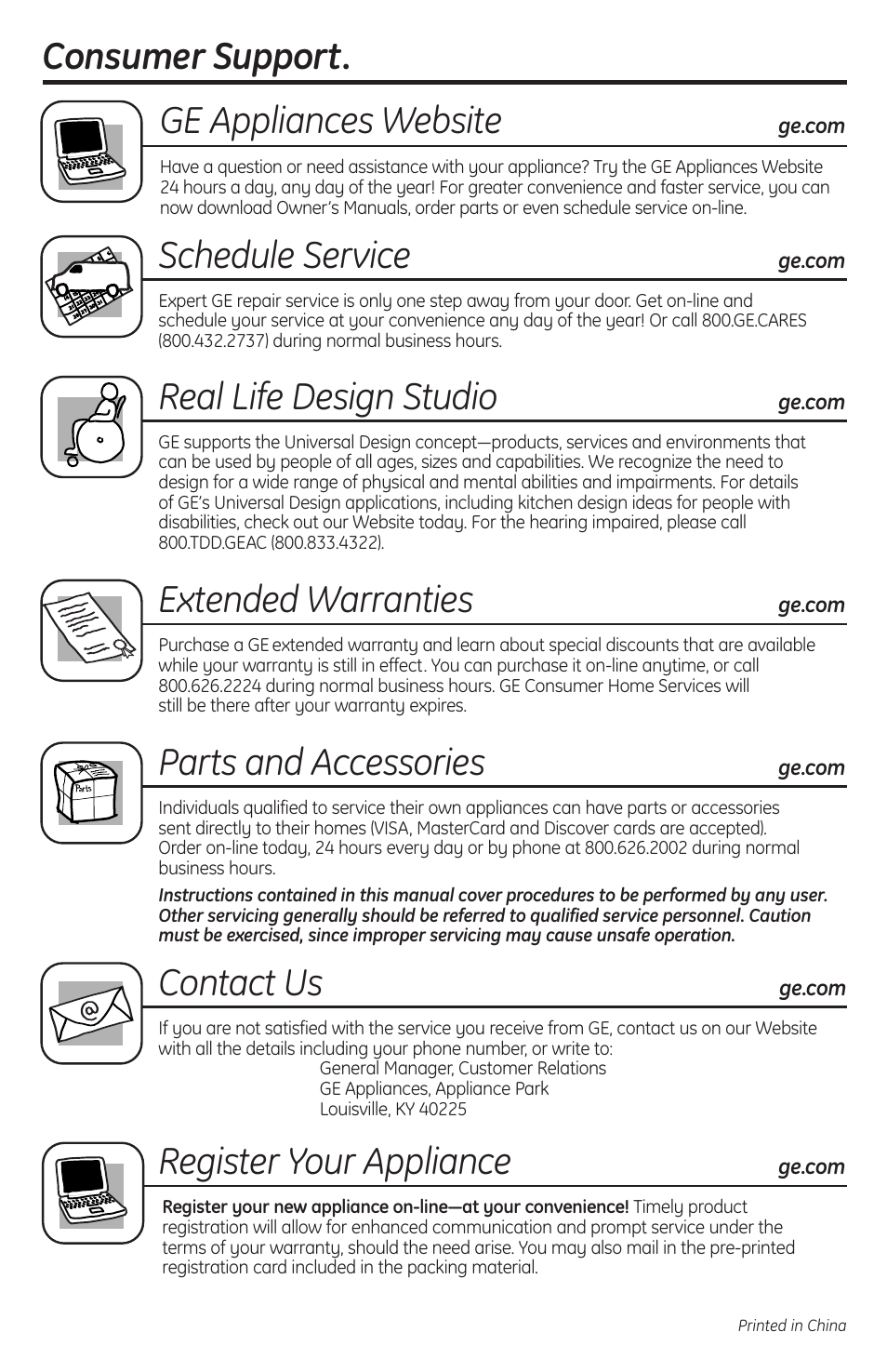 Consumer support, Consumer support . . . . .back cover, Consumer support. ge appliances website | Schedule service, Real life design studio, Extended warranties, Parts and accessories, Contact us, Register your appliance | GE JES2051DNBB User Manual | Page 36 / 36