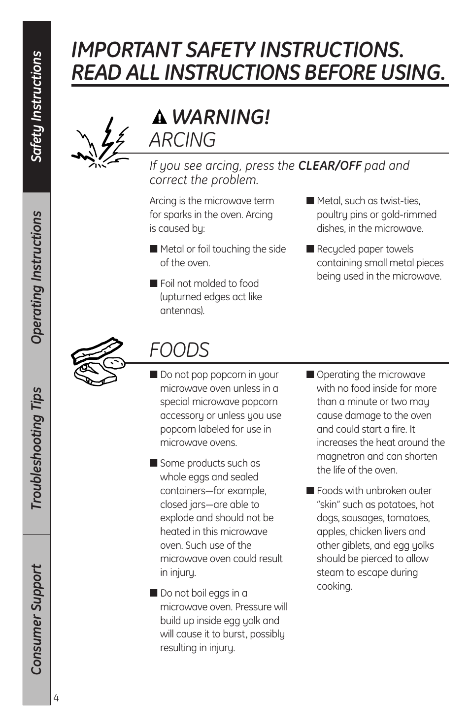 Foods, Warning! arcing | GE JES2051DNBB User Manual | Page 4 / 36