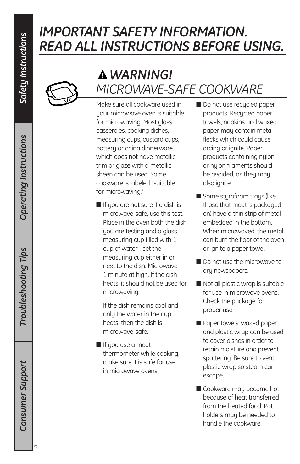 Warning! microwave-safe cookware | GE JES2051DNBB User Manual | Page 6 / 36