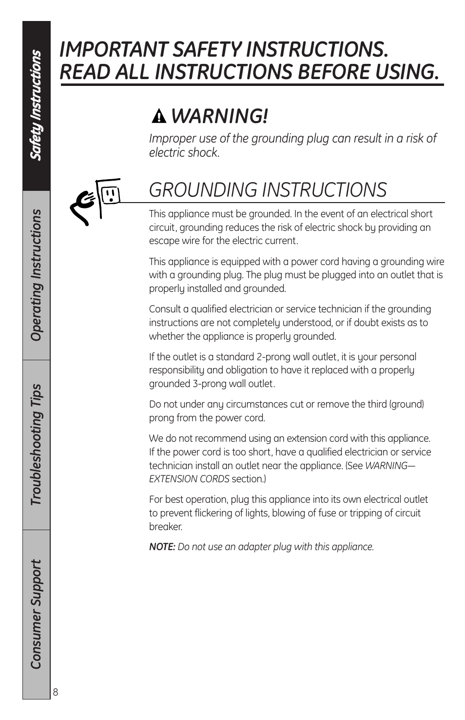 Grounding instructions, Warning | GE JES2051DNBB User Manual | Page 8 / 36