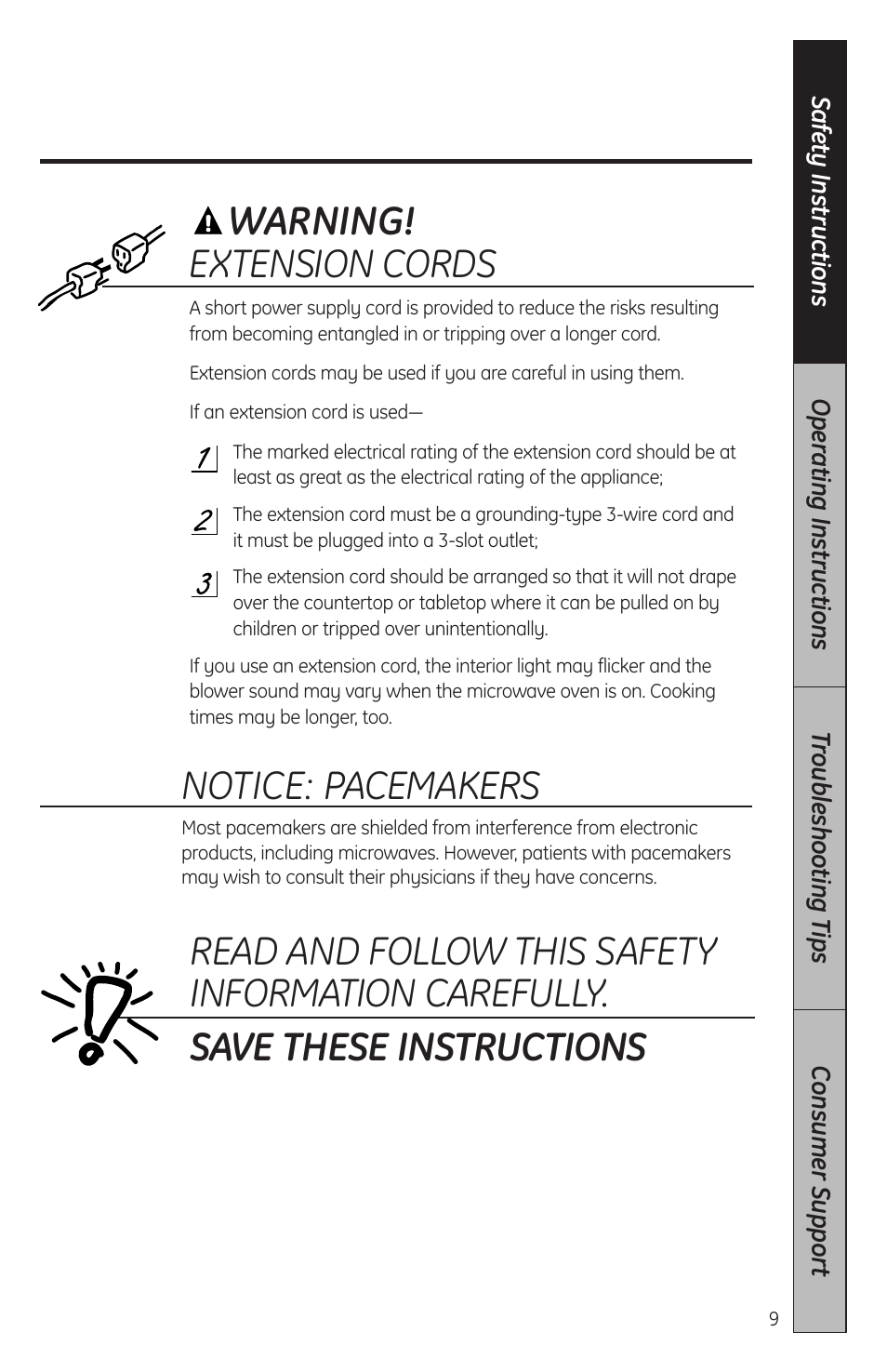 Warning! extension cords, Notice: pacemakers | GE JES2051DNBB User Manual | Page 9 / 36