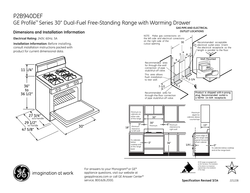 GE P2B940DEFWW User Manual | 2 pages
