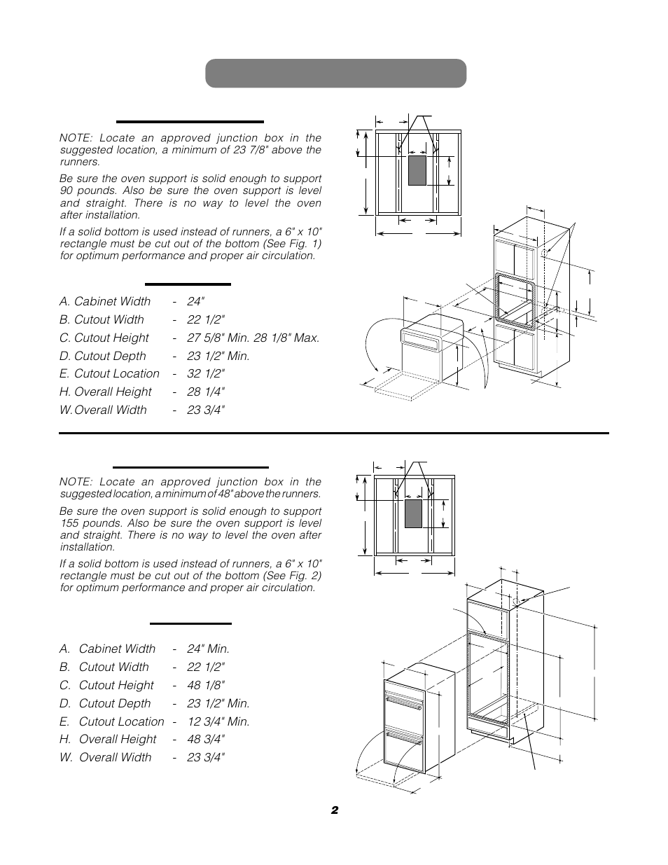 Prepare opening, Fig. 1 — single oven, Dimensions | Fig. 2 — double oven | GE JRP28BJBB User Manual | Page 2 / 4