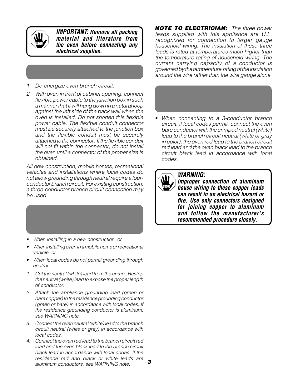 Electrical connection, Three conductor branch circuit connection | GE JRP28BJBB User Manual | Page 3 / 4