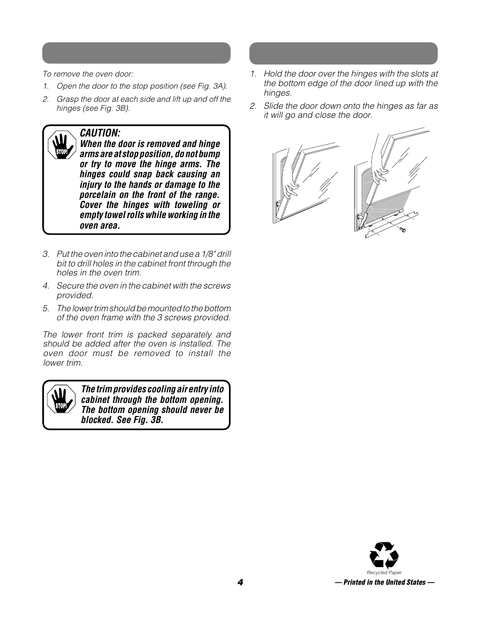 Installing oven, Replace the oven door, Caution | GE JRP28BJBB User Manual | Page 4 / 4