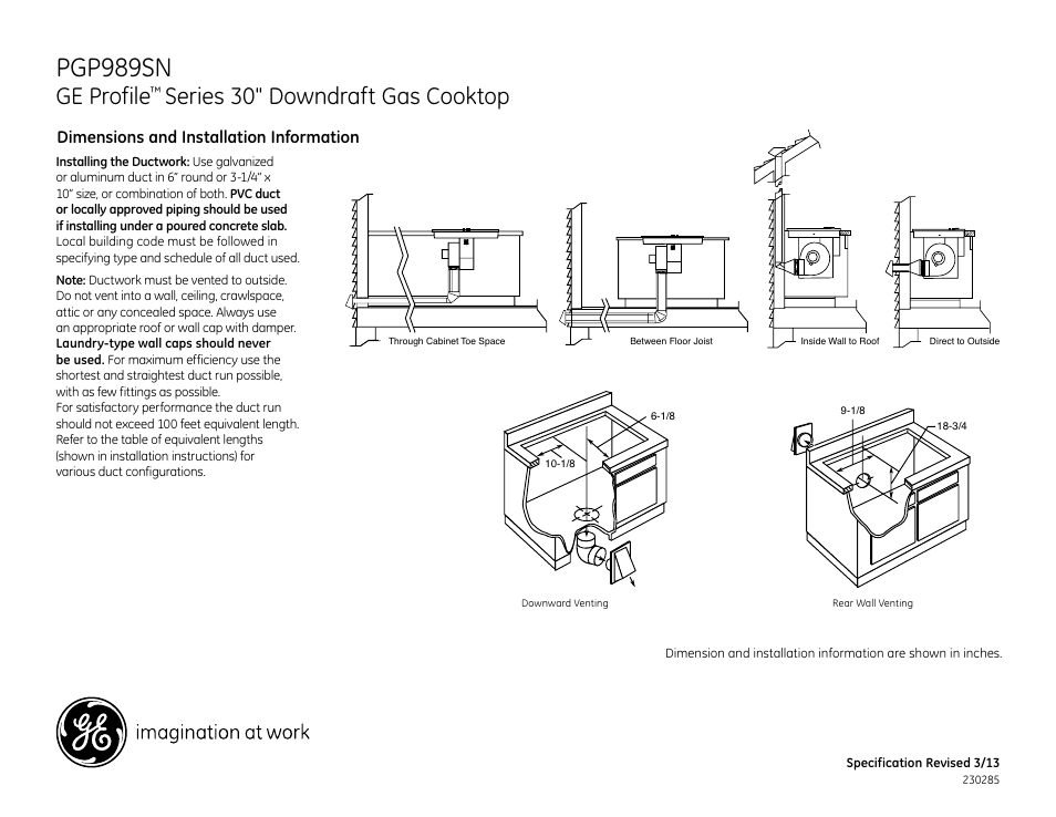 Pgp989sn, Ge profile, Series 30" downdraft gas cooktop | GE PGP989SNSS User Manual | Page 2 / 3