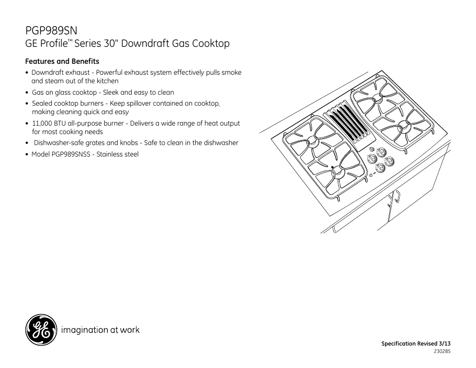 Pgp989sn, Ge profile, Series 30" downdraft gas cooktop | Pgp989dn_tn_sn | GE PGP989SNSS User Manual | Page 3 / 3
