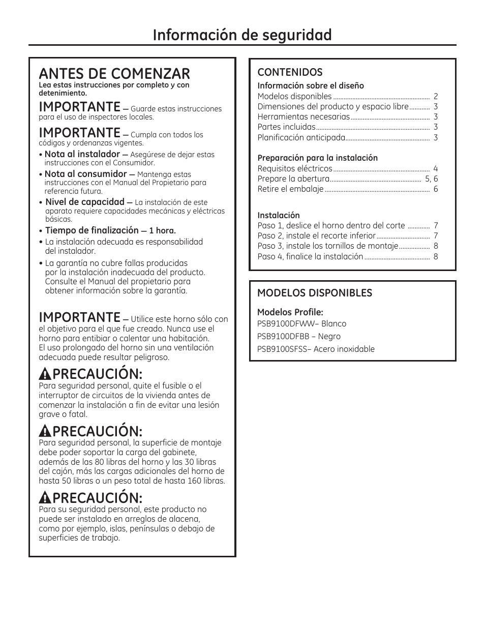 Información de seguridad, Antes de comenzar, Precaución | Importante | GE PSB9100DFBB User Manual | Page 10 / 16