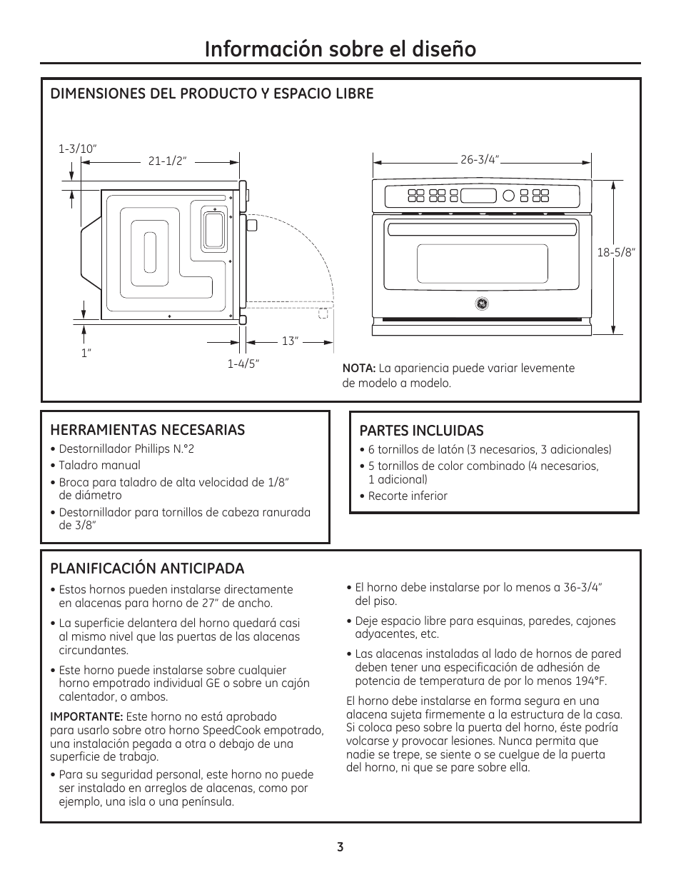 Información sobre el diseño | GE PSB9100DFBB User Manual | Page 11 / 16