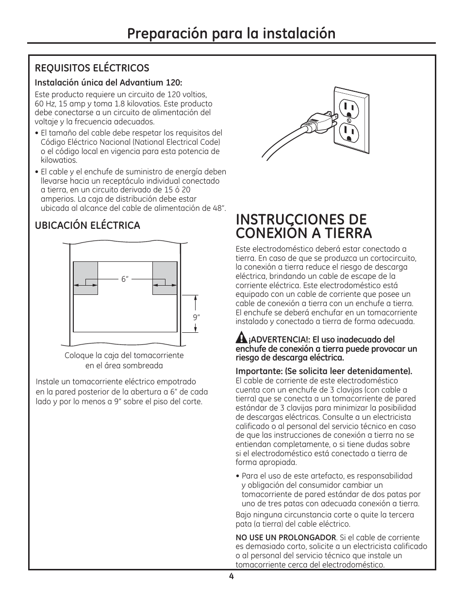 Preparación para la instalación, Instrucciones de conexión a tierra | GE PSB9100DFBB User Manual | Page 12 / 16