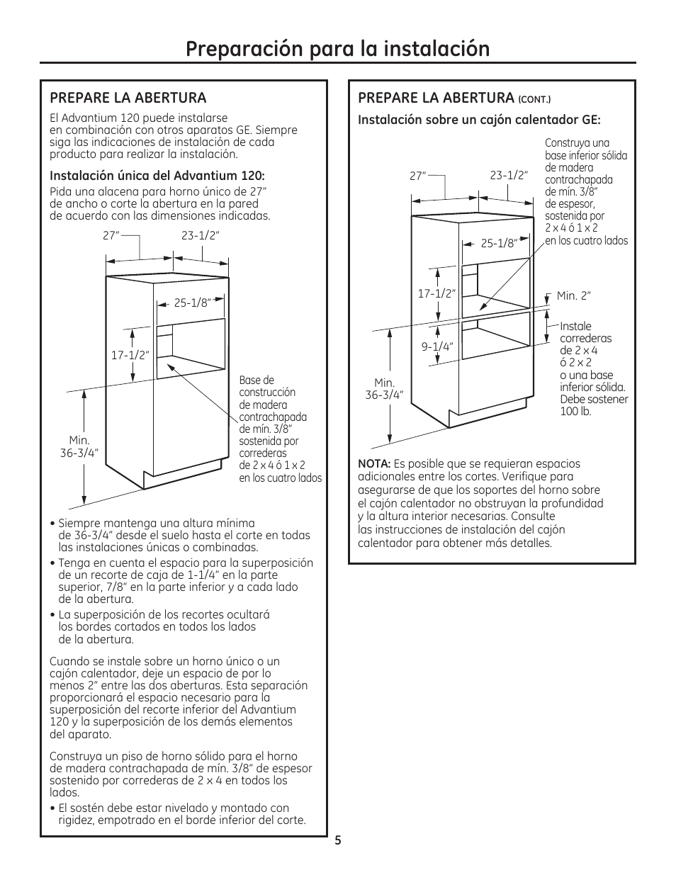 Preparación para la instalación, Prepare la abertura | GE PSB9100DFBB User Manual | Page 13 / 16