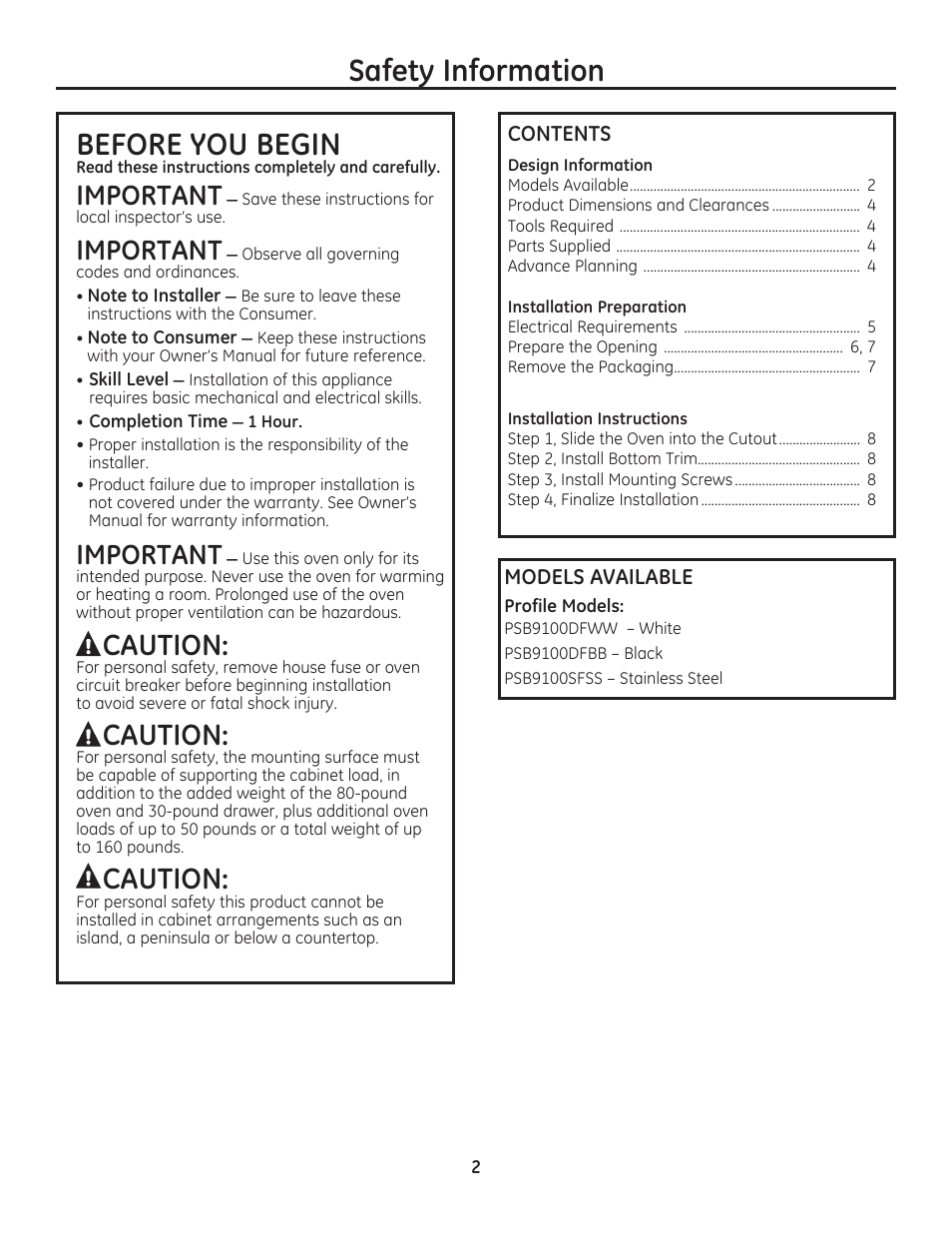 Safety information, Before you begin, Caution | Important | GE PSB9100DFBB User Manual | Page 2 / 16