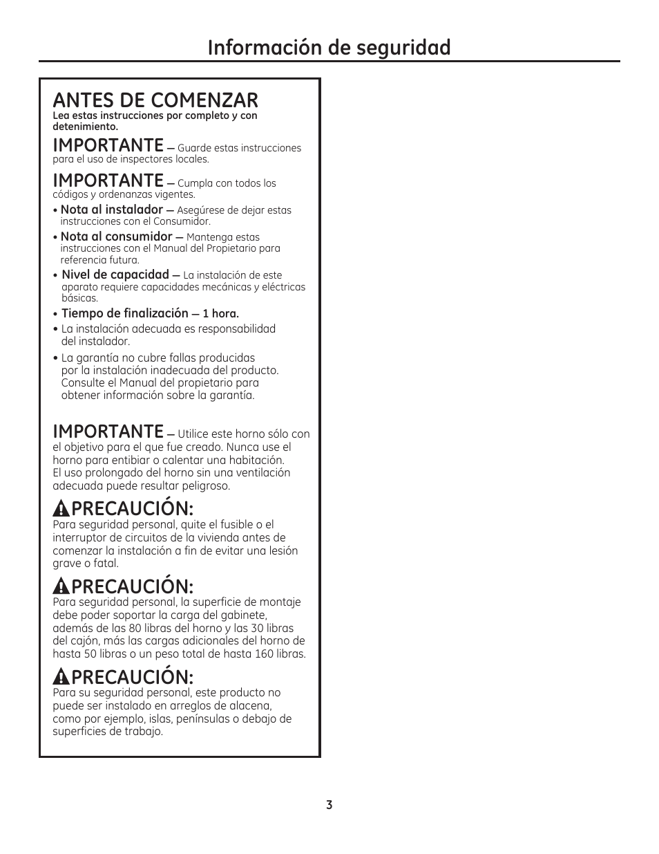 Antes de comenzar, Información de seguridad, Precaución | Importante | GE PSB9100DFBB User Manual | Page 3 / 16