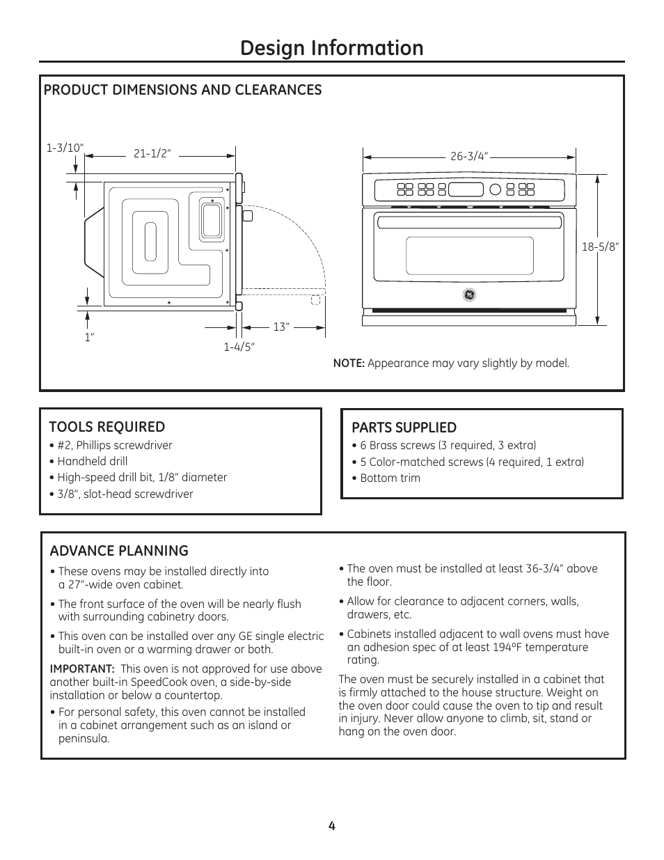 Design information | GE PSB9100DFBB User Manual | Page 4 / 16