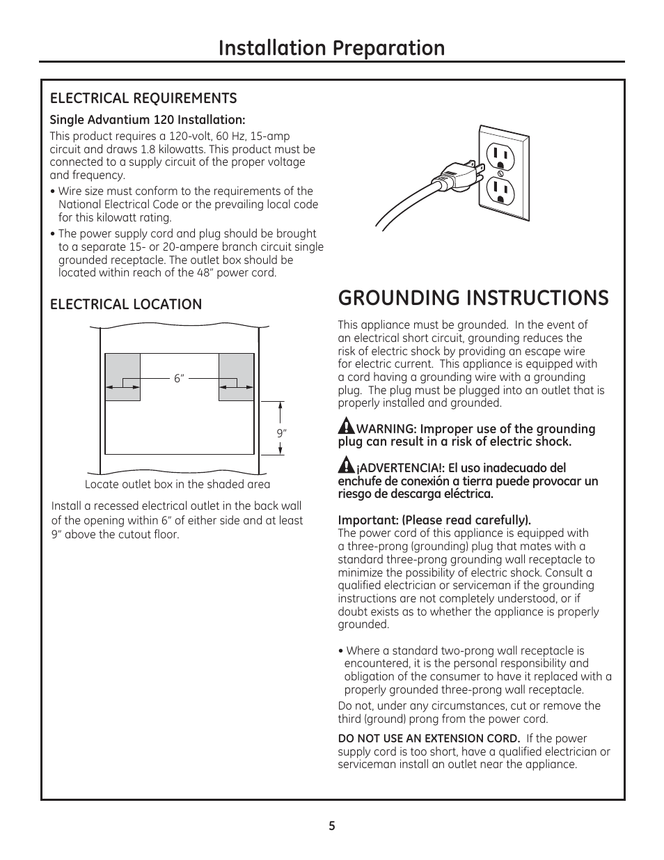 Installation preparation, Grounding instructions | GE PSB9100DFBB User Manual | Page 5 / 16