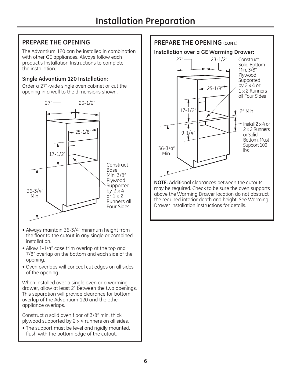 Installation preparation, Prepare the opening | GE PSB9100DFBB User Manual | Page 6 / 16