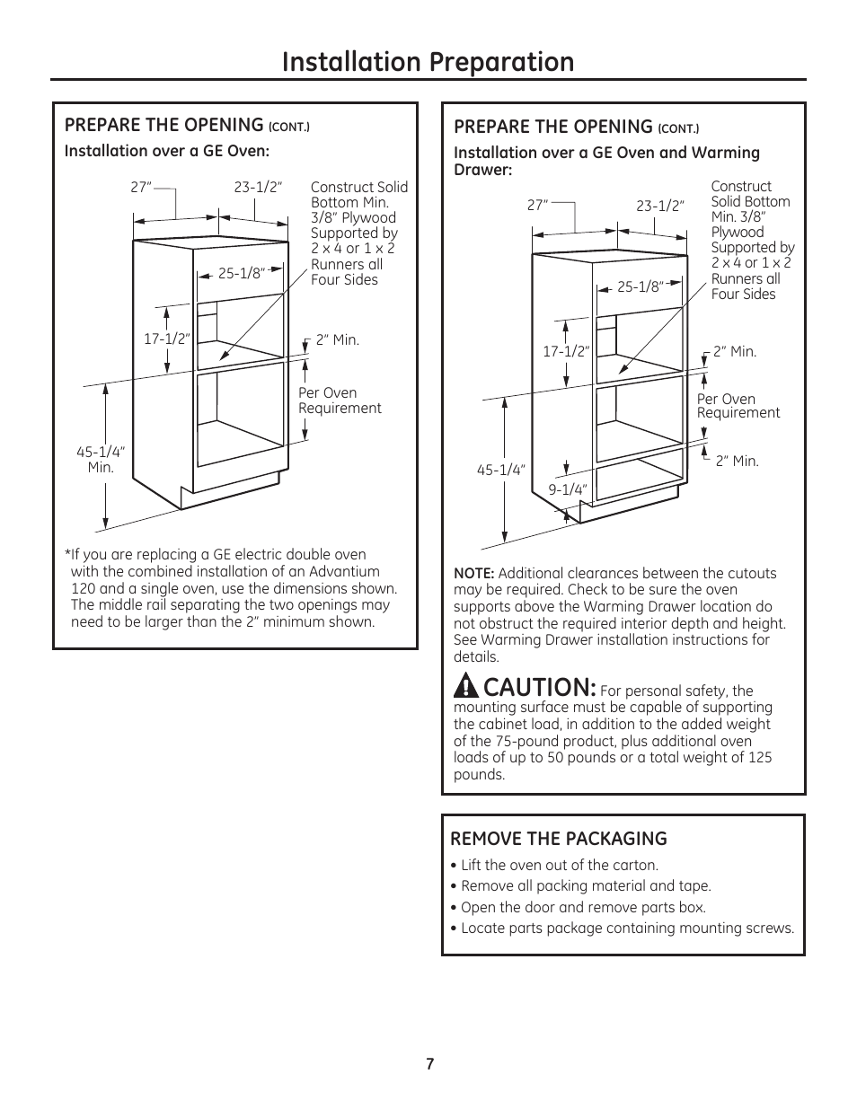 Installation preparation, Caution | GE PSB9100DFBB User Manual | Page 7 / 16