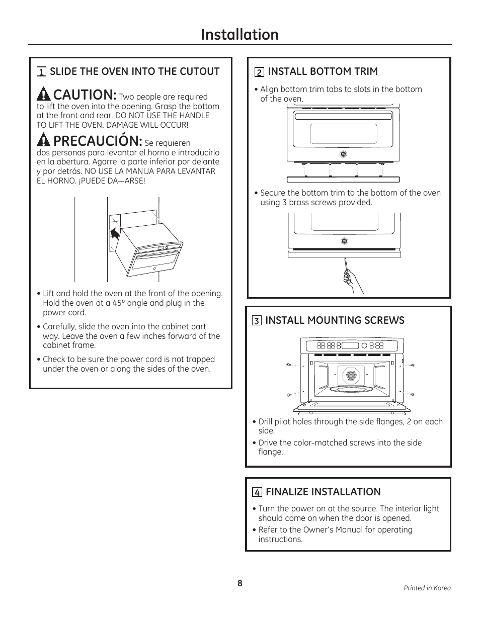 Installation, Caution, Precaución | GE PSB9100DFBB User Manual | Page 8 / 16