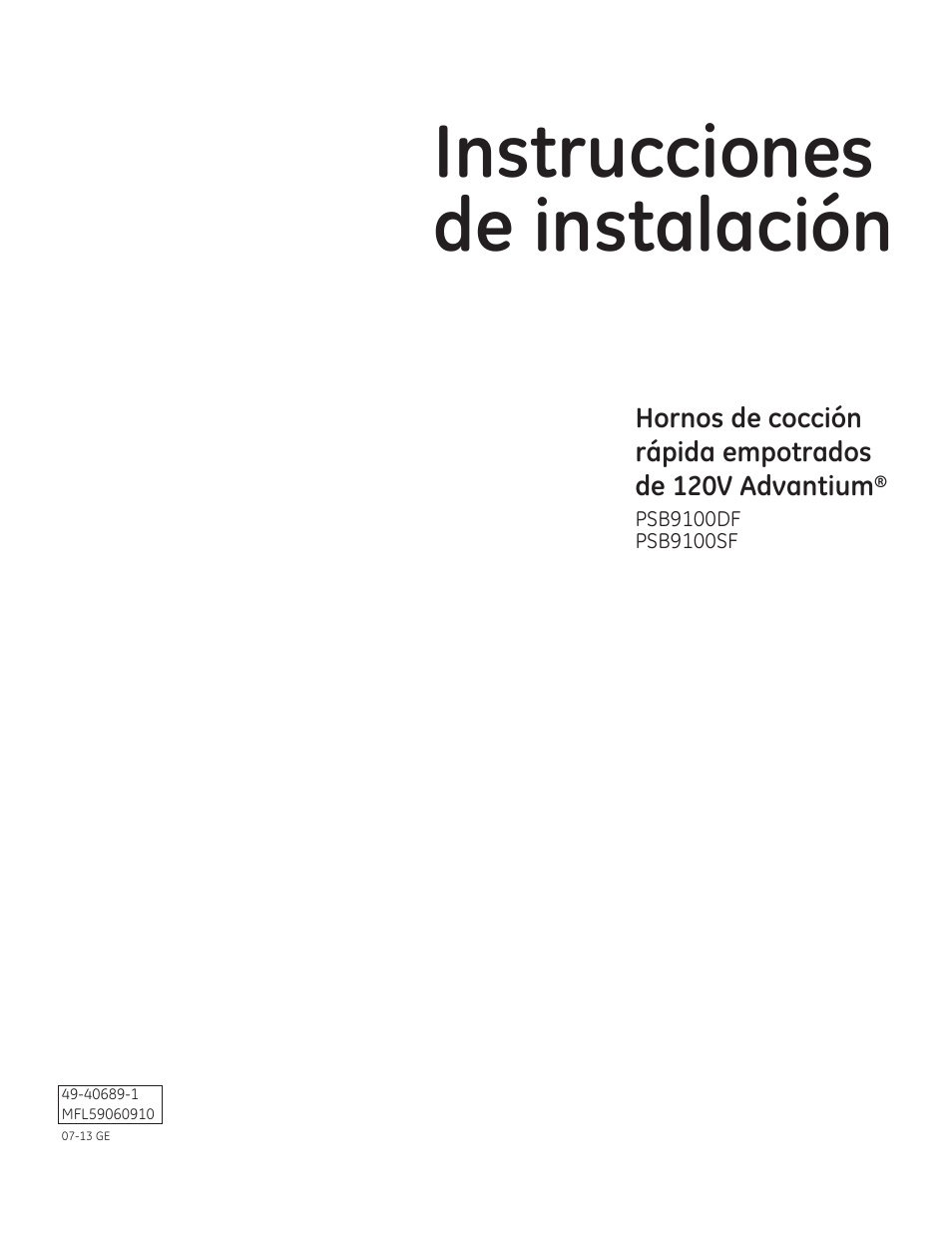 Instrucciones de instalación | GE PSB9100DFBB User Manual | Page 9 / 16