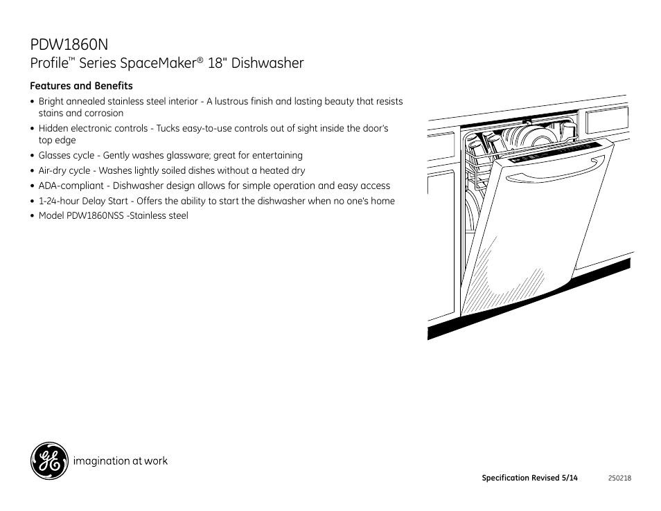 Pdw1860n, Profile, Series spacemaker | 18" dishwasher | GE PDW1860NSS User Manual | Page 2 / 2
