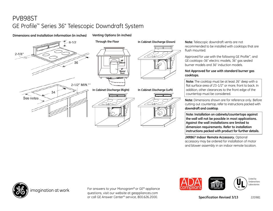 GE PVB98STSS User Manual | 3 pages