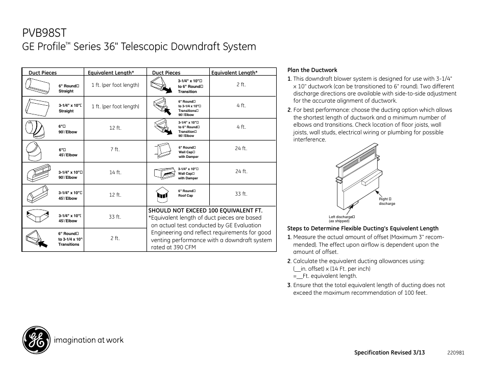 Pvb98st, Ge profile, Series 36" telescopic downdraft system | Specification revised 3/13 | GE PVB98STSS User Manual | Page 2 / 3