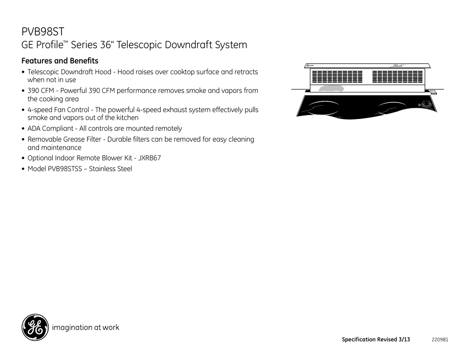 Pvb98st, Ge profile, Series 36" telescopic downdraft system | Pvb98stss | GE PVB98STSS User Manual | Page 3 / 3