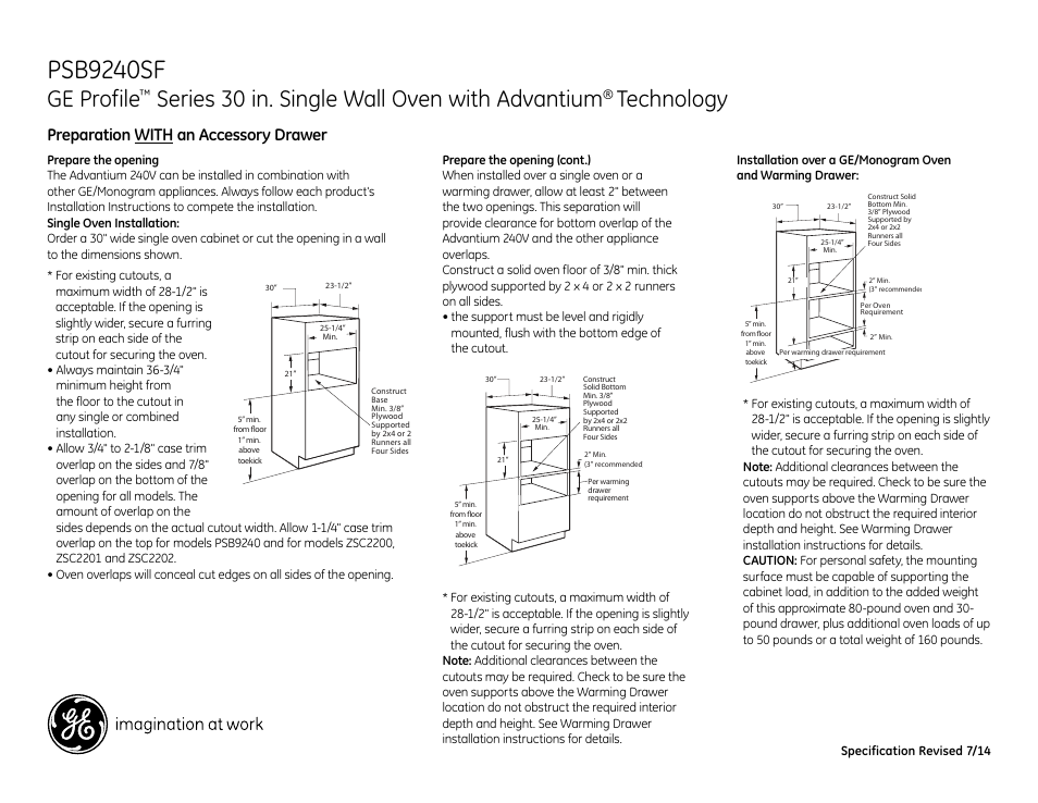 Psb9240sf, Ge profile, Series 30 in. single wall oven with advantium | Technology, Preparation with an accessory drawer | GE PSB9240SFSS User Manual | Page 2 / 3