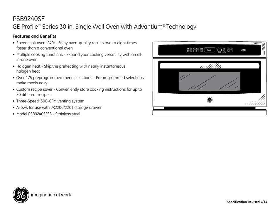 Psb9240sf, Ge profile, Series 30 in. single wall oven with advantium | Technology | GE PSB9240SFSS User Manual | Page 3 / 3