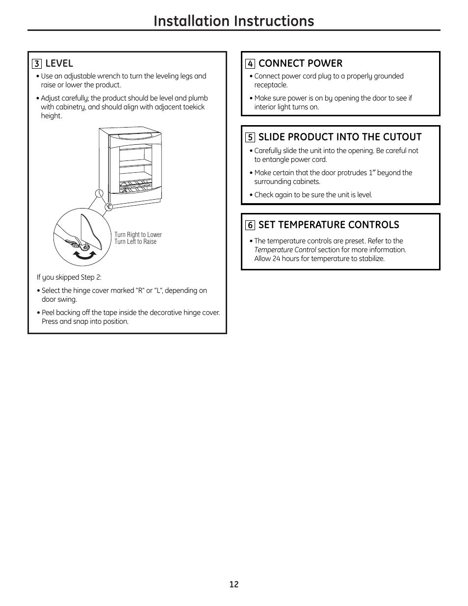 Leveling, Installation instructions, Level | Connect power, Slide product into the cutout, Set temperature controls | GE PCR06WATSS User Manual | Page 12 / 64