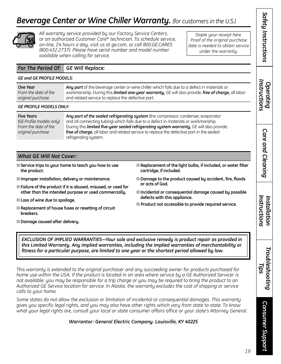 Warranty (u.s.), Beverage center or wine chiller warranty, For customers in the u.s.) | GE PCR06WATSS User Manual | Page 19 / 64