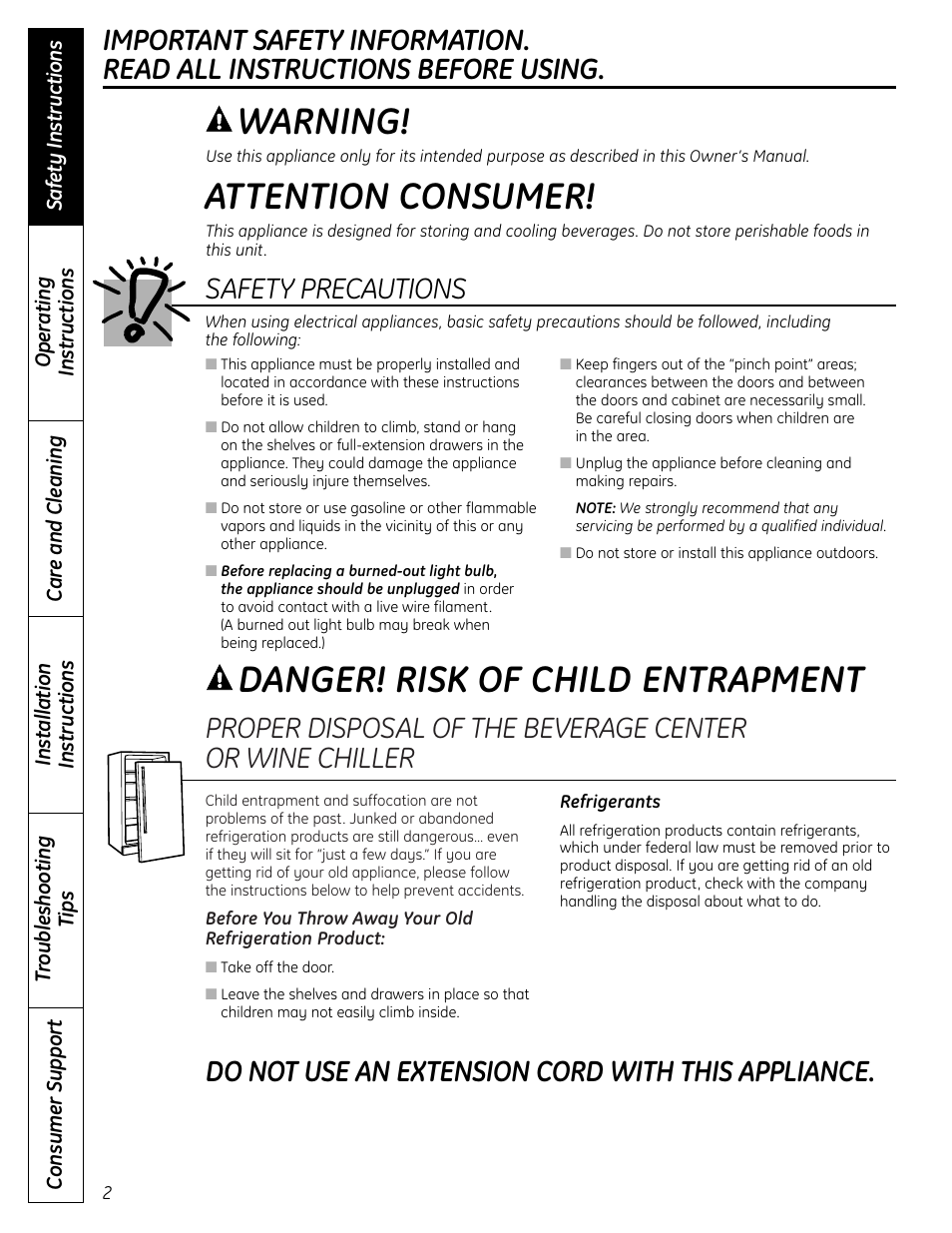 Safety instructions, Danger! risk of child entrapment, Warning | Attention consumer, Do not use an extension cord with this appliance, Safety precautions | GE PCR06WATSS User Manual | Page 2 / 64