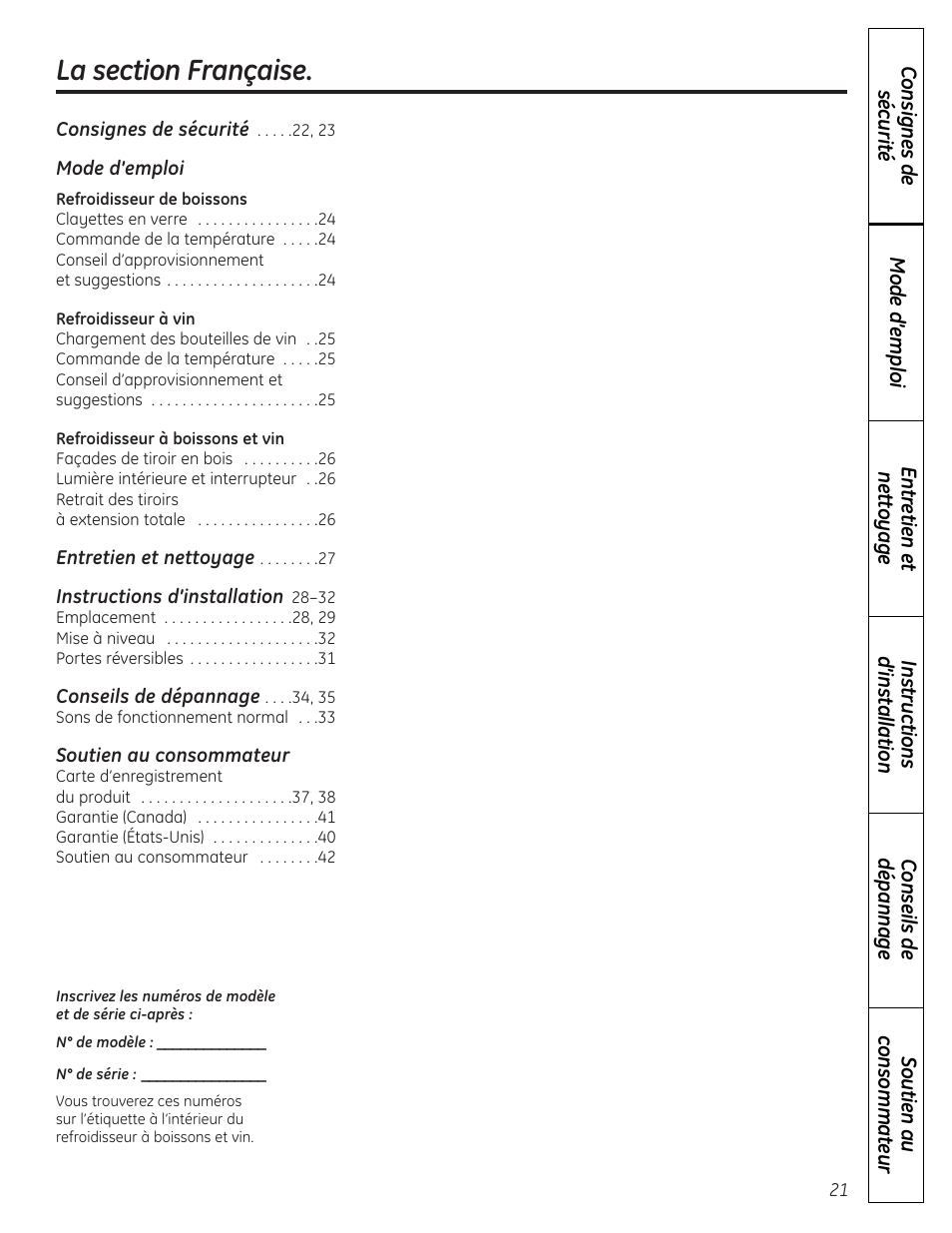 Francais, Mode d’emploi, Refroidisseur de boissons | Refroidisseur à vin, Refroidisseur à boissons et vin, Soutien au consommateur | GE PCR06WATSS User Manual | Page 21 / 64