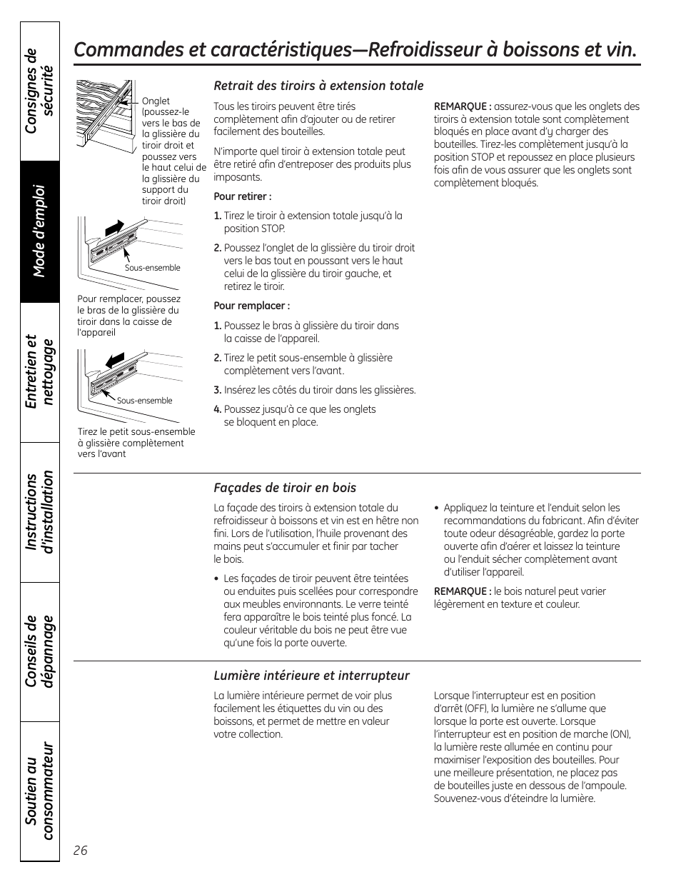 Façades de tiroir en bois, Lumière intérieure et interrupteur, Retrait des tiroirs à extension totale | GE PCR06WATSS User Manual | Page 26 / 64