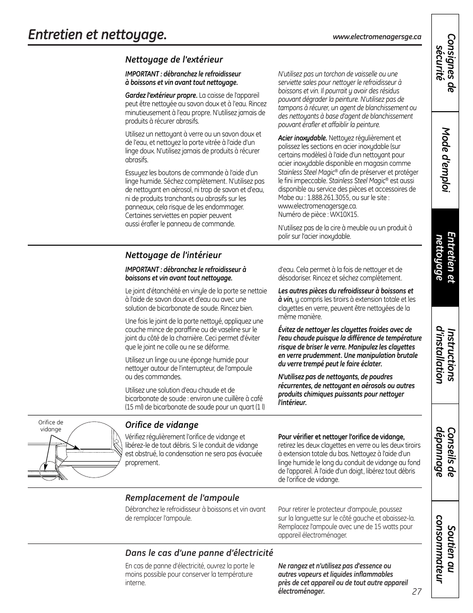 Entretien et nettoyage | GE PCR06WATSS User Manual | Page 27 / 64