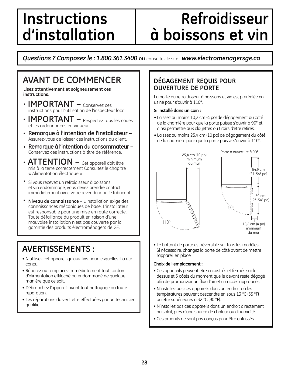 Instructions d’installation, Emplacement, Emplacement , 29 | Avant de commencer, Important, Attention, Avertissements | GE PCR06WATSS User Manual | Page 28 / 64