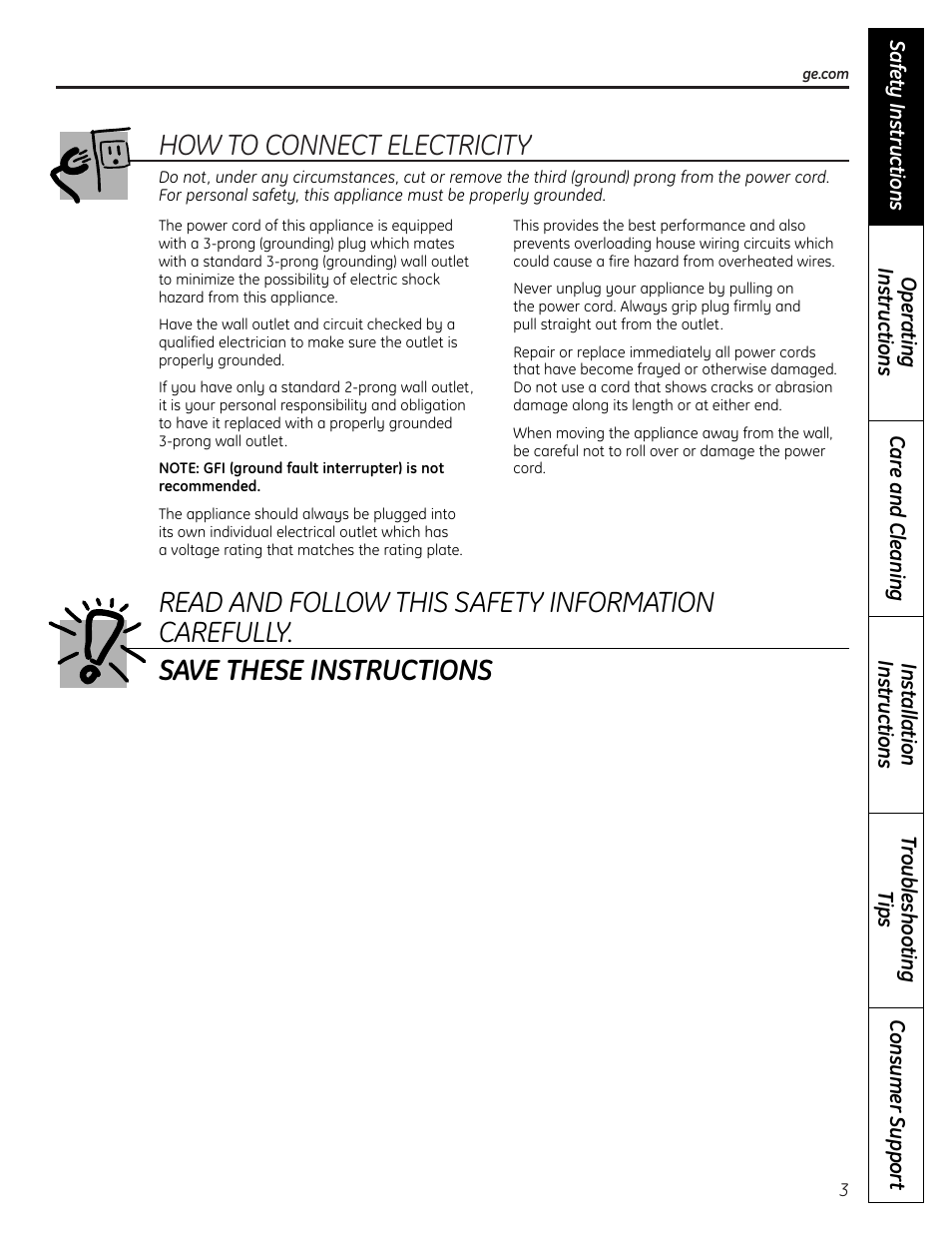 How to connect electricity | GE PCR06WATSS User Manual | Page 3 / 64