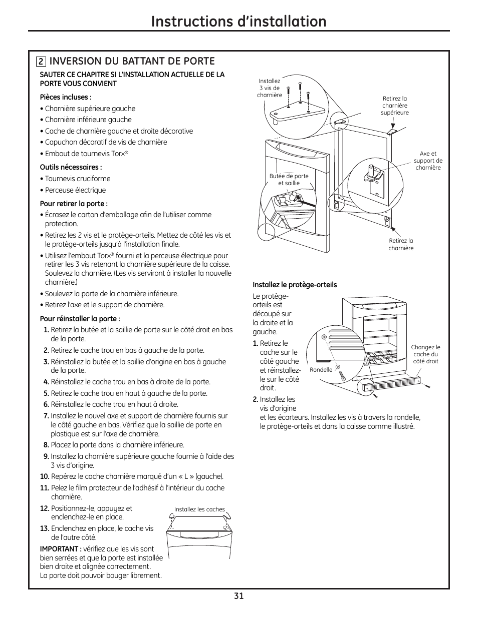 Portes réversibles, Instructions d’installation, Inversion du battant de porte | GE PCR06WATSS User Manual | Page 31 / 64