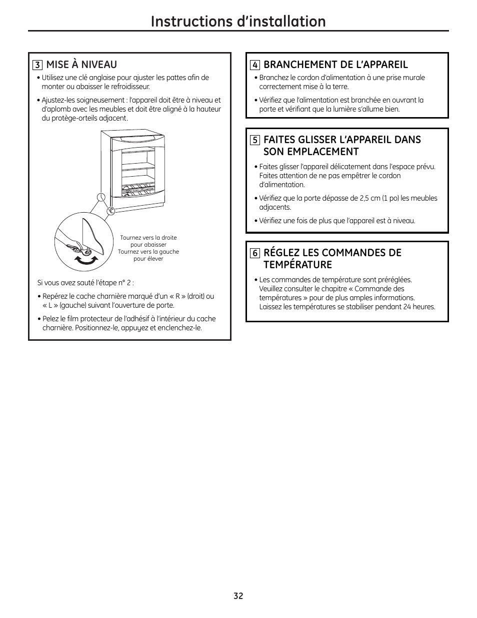 Mise à niveau, Instructions d’installation, Branchement de l’appareil | Faites glisser l’appareil dans son emplacement, Réglez les commandes de température | GE PCR06WATSS User Manual | Page 32 / 64