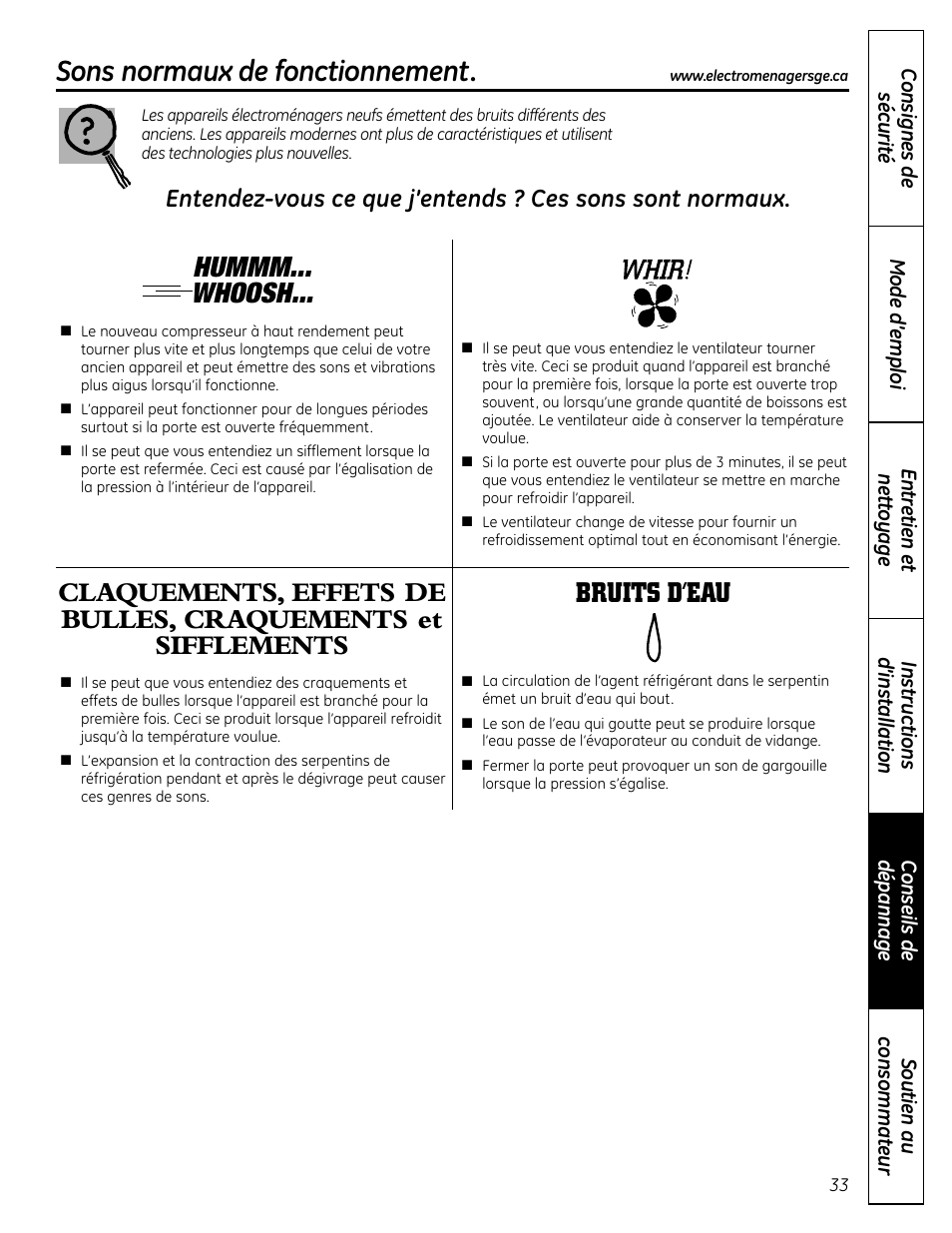 Sons de fonctionnement normal, Sons normaux de fonctionnement, Hummm... whoosh | Bruits d’eau | GE PCR06WATSS User Manual | Page 33 / 64