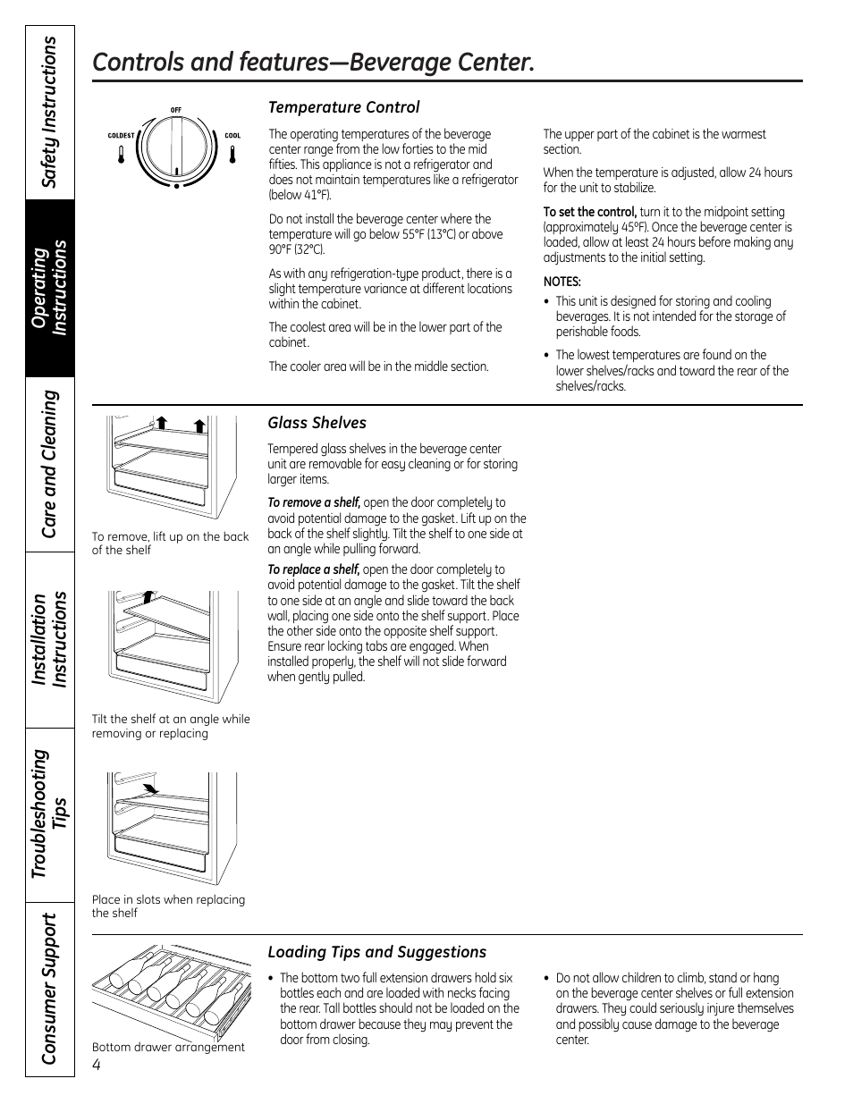 Glass shelves, Loading tips and suggestions, Temperature control | Controls and features—beverage center | GE PCR06WATSS User Manual | Page 4 / 64