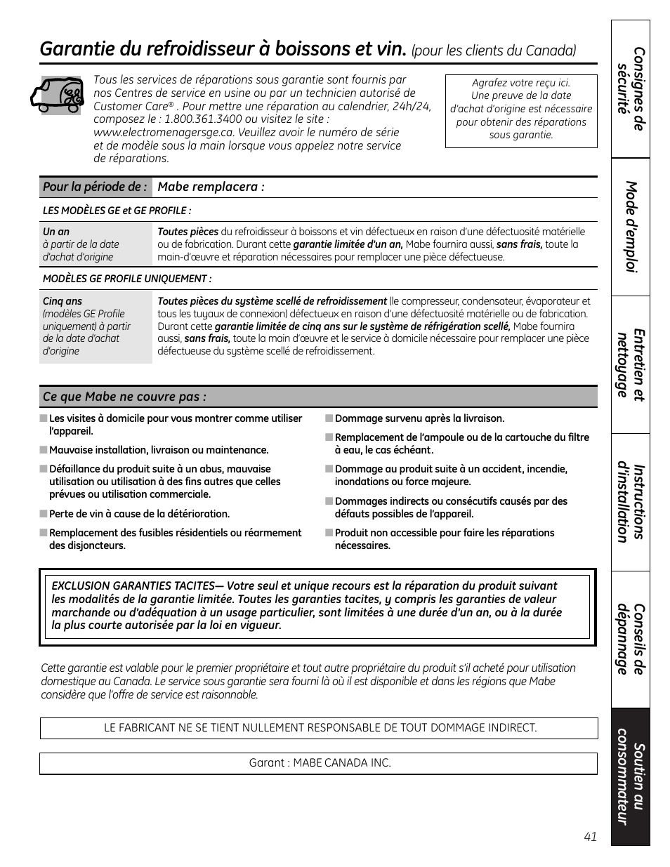 Garantie (canada), Garantie du refroidisseur à boissons et vin, Pour les clients du canada) | GE PCR06WATSS User Manual | Page 41 / 64