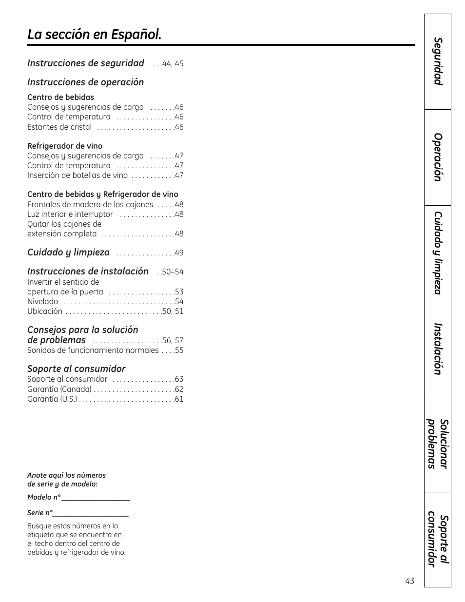 Español, Instrucciones de operación, Centro de bebidas | Refrigerador de vino, Centro de bebidas y refrigerador de vino, Soporte al consumidor, La sección en español | GE PCR06WATSS User Manual | Page 43 / 64