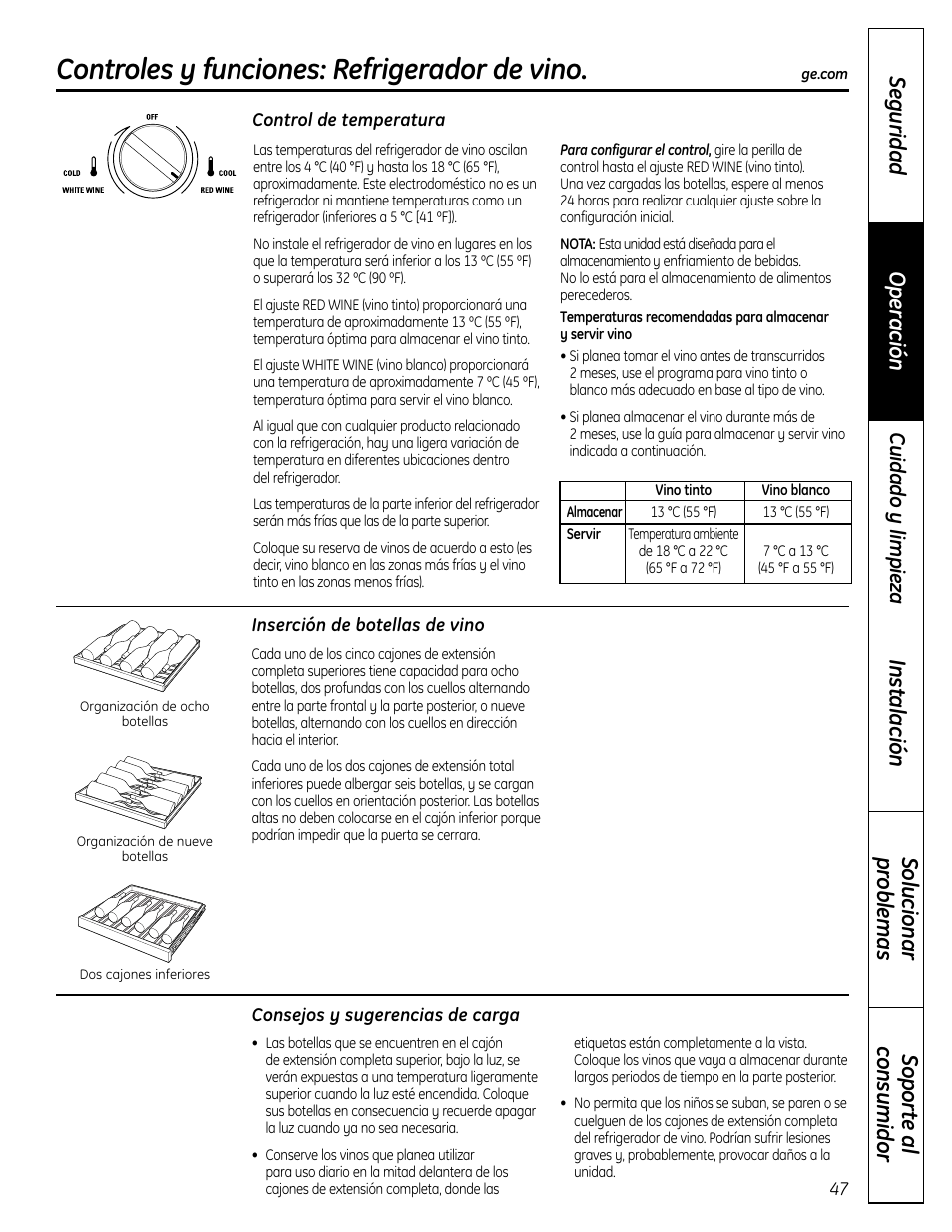 Consejos y sugerencias de carga, Control de temperatura, Inserción de botellas de vino | Controles y funciones: refrigerador de vino, Sopor te a l consumidor solucionar pr oblemas, Seguridad operación instalación, Cuidado y limpieza | GE PCR06WATSS User Manual | Page 47 / 64